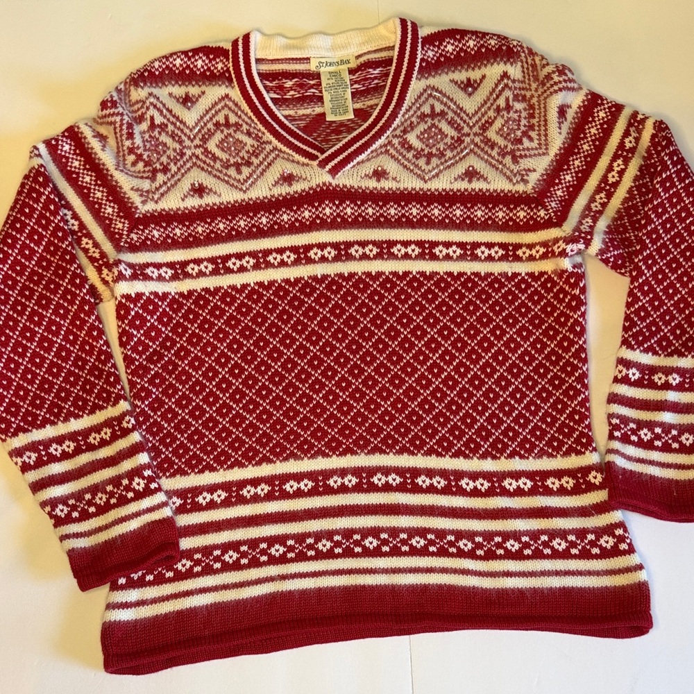 Sweater w/ cotton & angora rabbit hair S skiing ski trip winter womens red white
